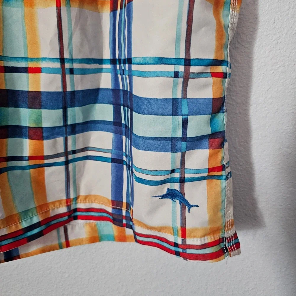 Tommy Bahama Relax Mens XL Plaid Swim Trunks Blue Orange Board Shorts Mesh Liner